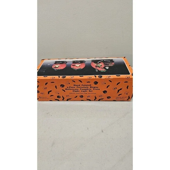 Vintage Porcelain Spooky Haunted Haven Halloween Pumpkin Train Night Light Set - Picture 2 of 8